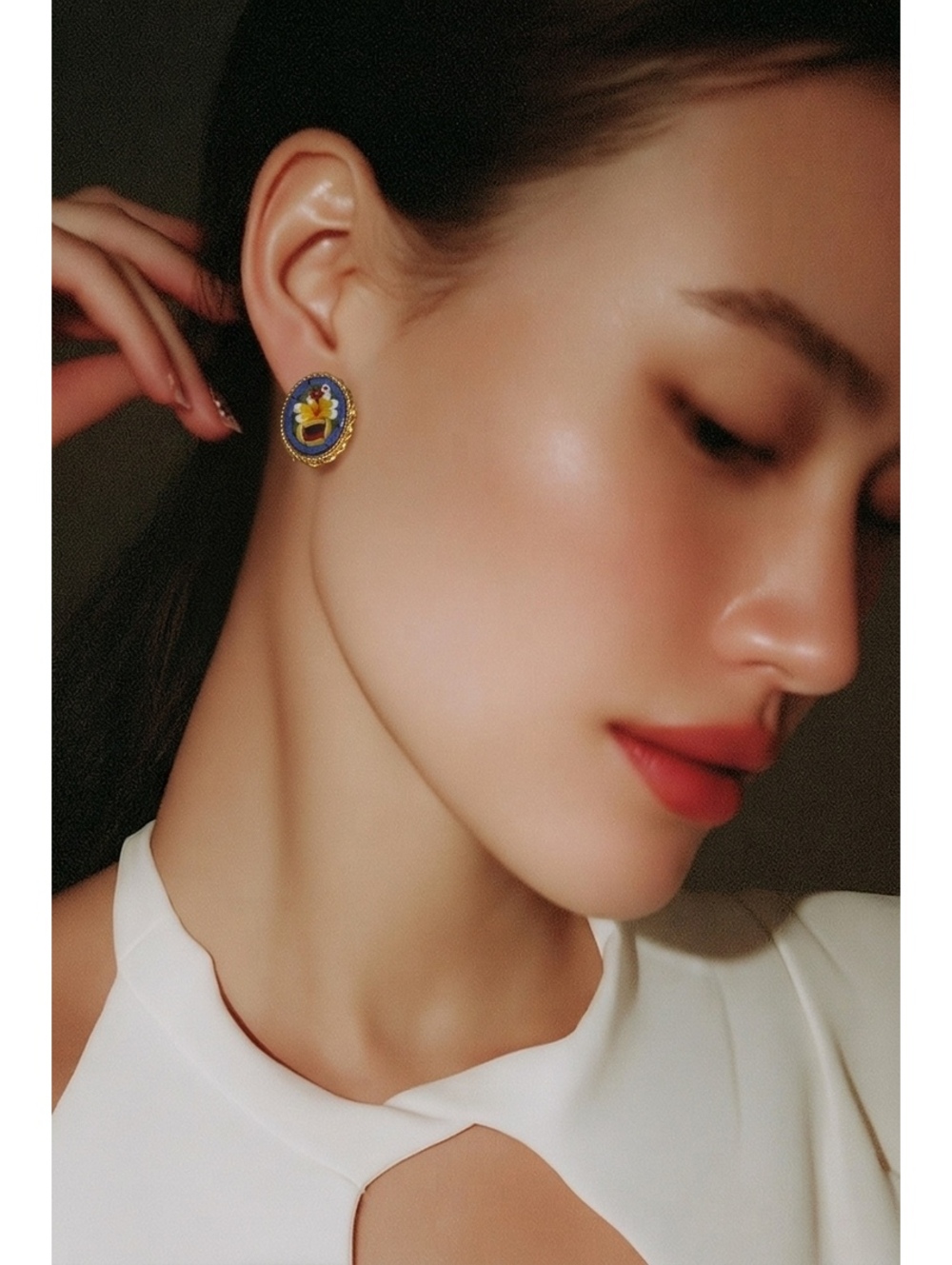 Vintage Italian Micro Mosaic Clip On Earrings – Blue Oval Floral Tesserae